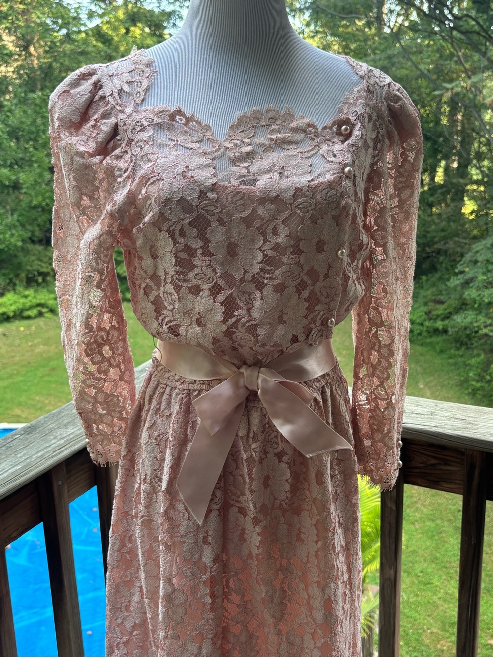 Vintage Women's Blush Pink Lace Long-Sleeve Dress with Satin Bow
